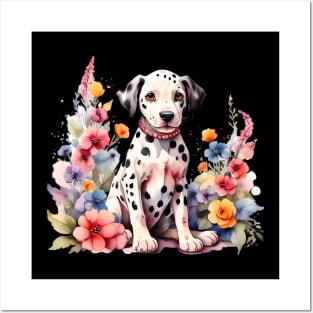 A baby dalmatian decorated with beautiful watercolor flowers Posters and Art